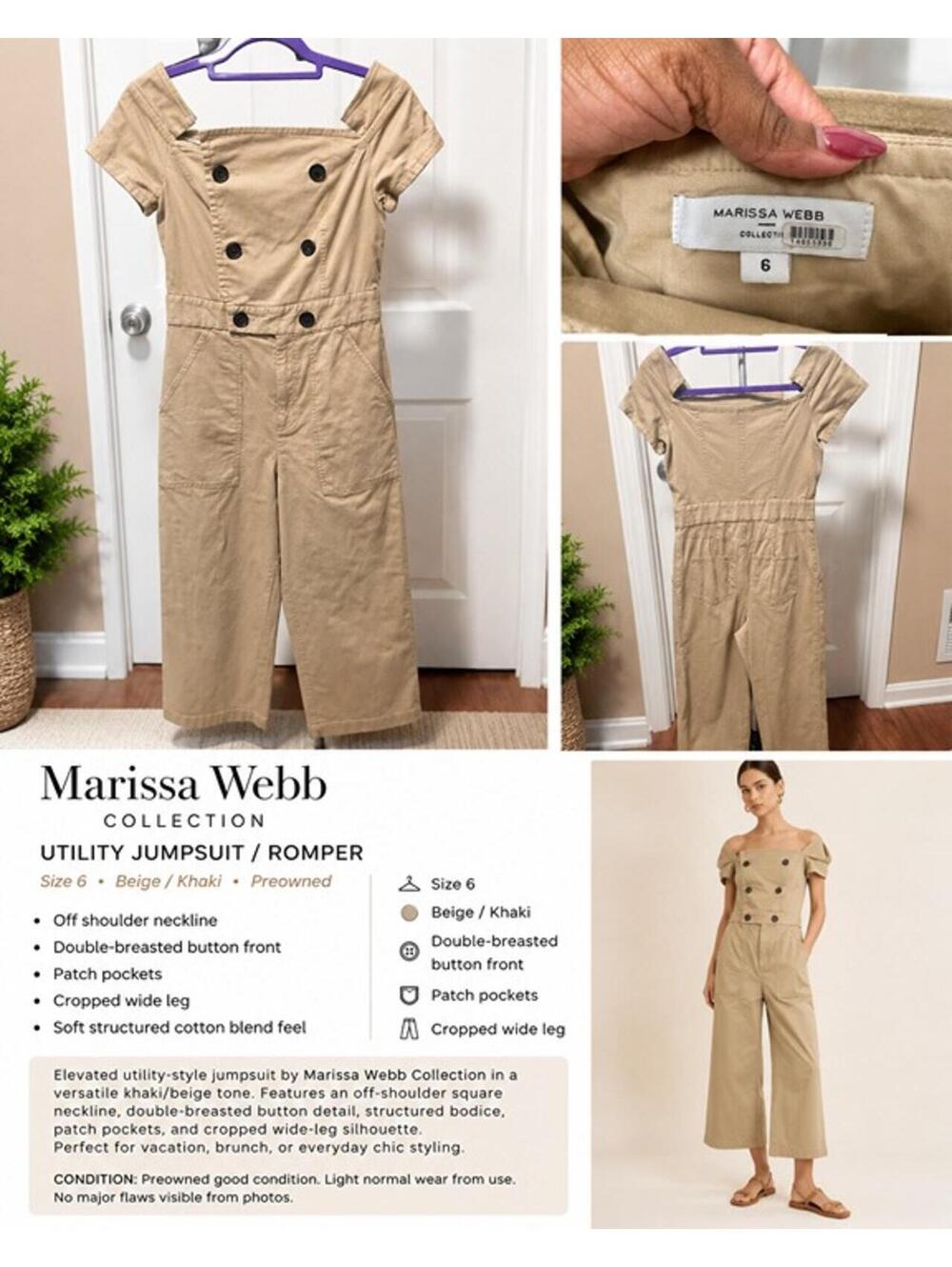 Marissa Webb Beige Utility Jumpsuit Off Shoulder Button Front Size 6